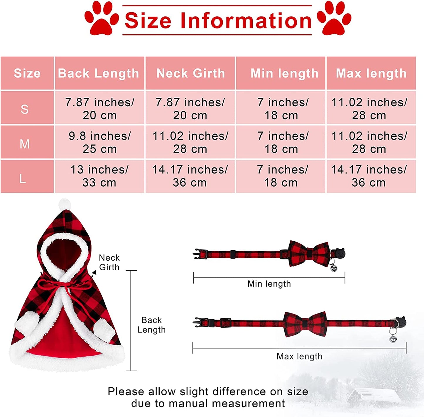 Red and Black Buffalo Plaid Christmas Cat Dog Costume with Santa Cape, Hat, Collar, Bell, and Bowtie - Medium