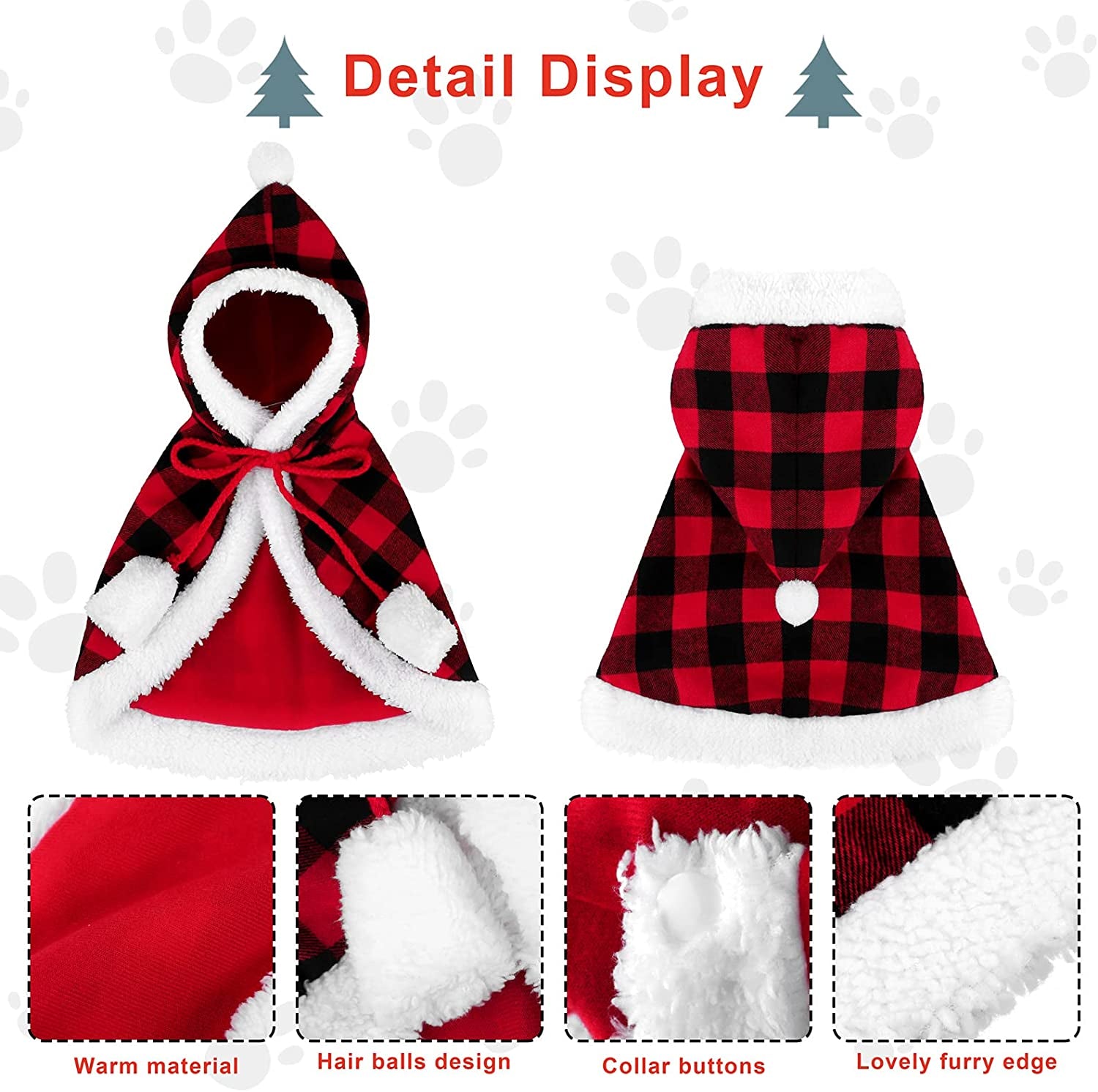 Red and Black Buffalo Plaid Christmas Cat Dog Costume with Santa Cape, Hat, Collar, Bell, and Bowtie - Medium