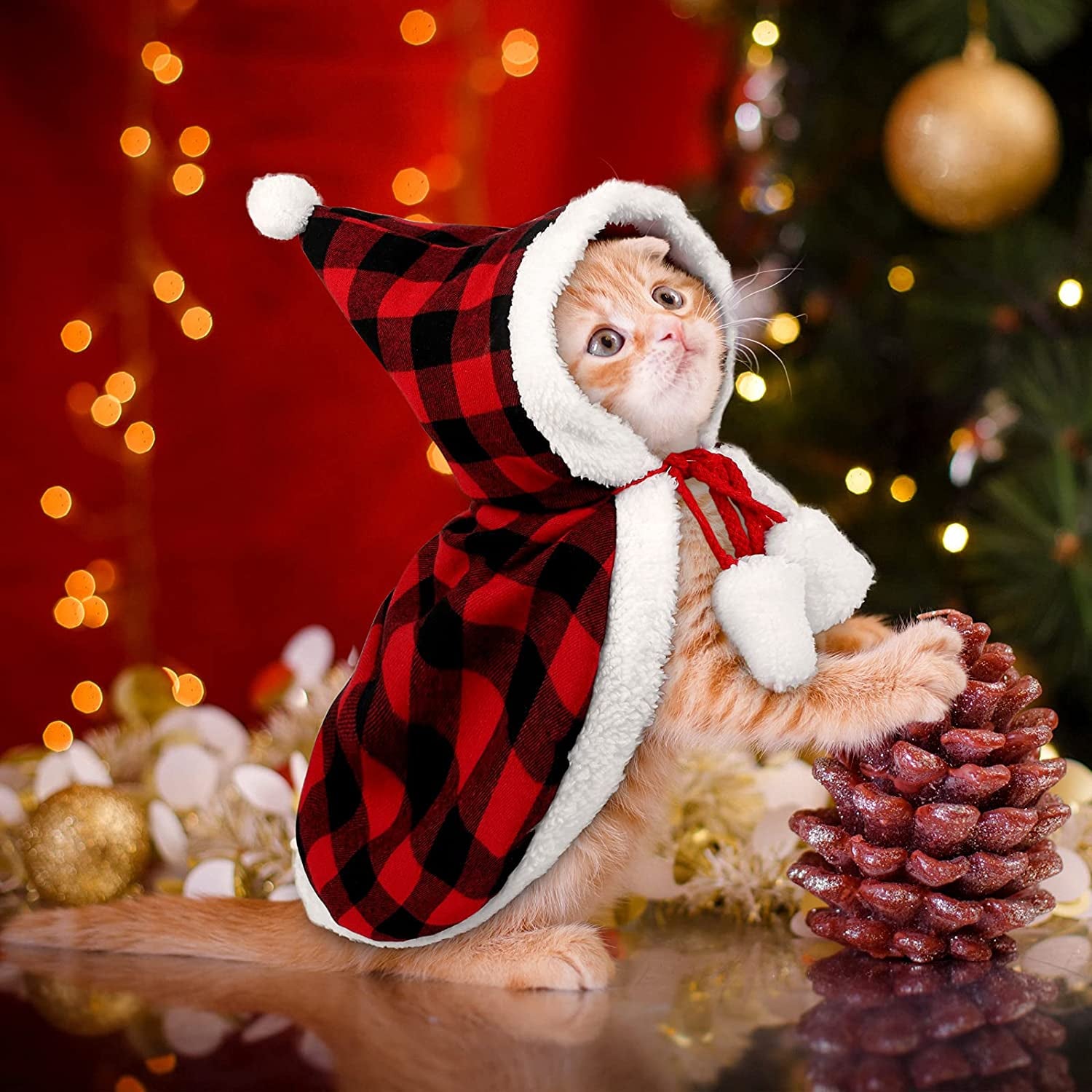 Red and Black Buffalo Plaid Christmas Cat Dog Costume with Santa Cape, Hat, Collar, Bell, and Bowtie - Medium