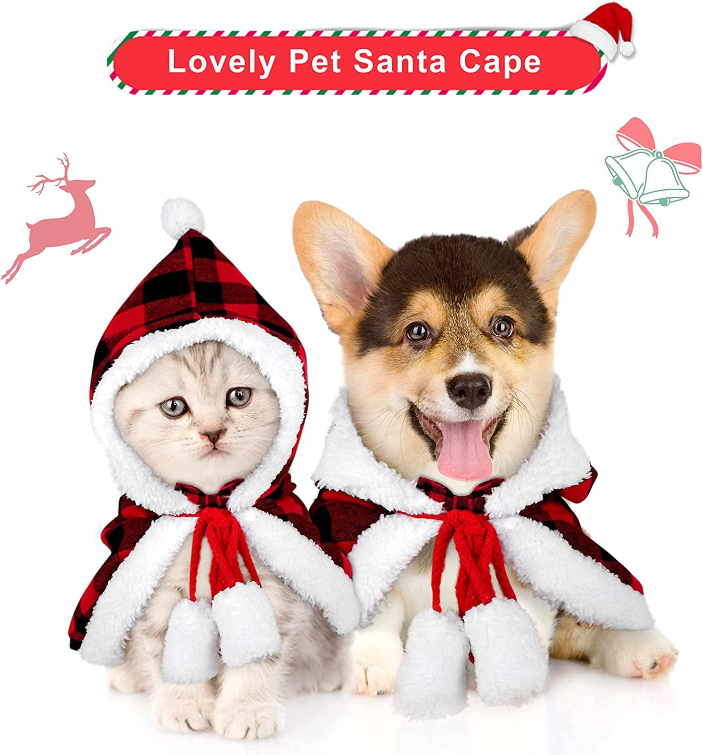 Red and Black Buffalo Plaid Christmas Cat Dog Costume with Santa Cape, Hat, Collar, Bell, and Bowtie - Medium