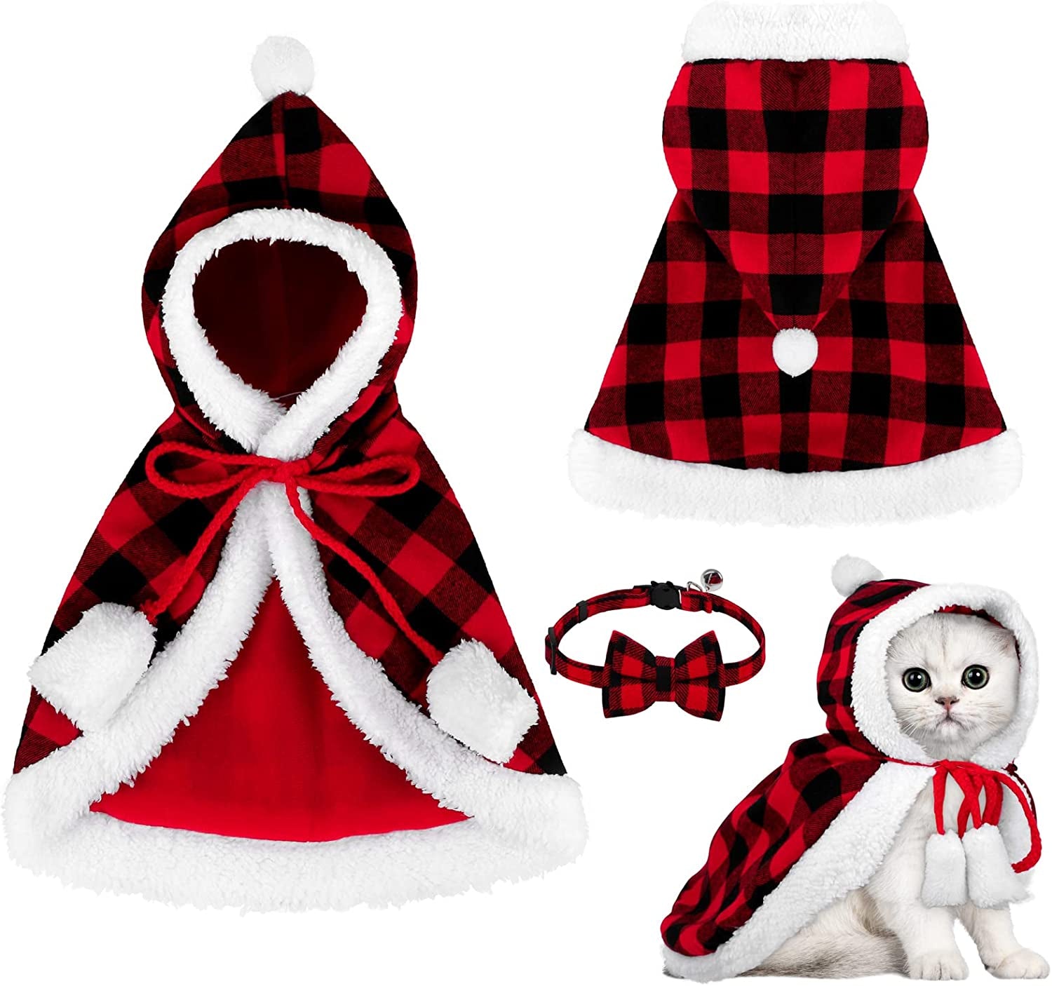 Red and Black Buffalo Plaid Christmas Cat Dog Costume with Santa Cape, Hat, Collar, Bell, and Bowtie - Medium