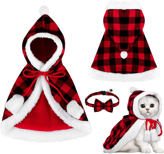 Red and Black Buffalo Plaid Christmas Cat Dog Costume with Santa Cape, Hat, Collar, Bell, and Bowtie - Medium